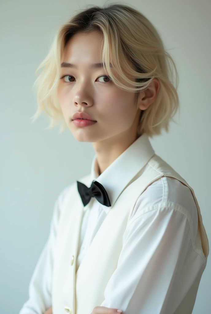 Professional studio image of a young femboy with delicate features and blonde hair covering his forehead, leaving his eyebrows showing a little.. Wearing a white long-sleeved shirt and a white dress vest with a black bow on top.