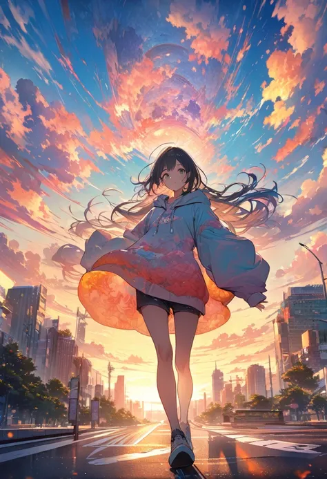 Create exquisite illustrations reminiscent of Makoto Shinkais style, It has ultra-fine details and top-notch quality. angelic, detailed woman who is walking, woman wearing hoodie,  highest billding in city, road, sunrise, horizon, skyline, in the sky, city...