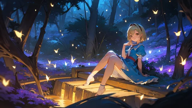 8k, Ultra quality, photorealistic, very beautiful, cute, blonde, smiling, looking at viewer, Alice from Alice in Wonderland knee-length in a short dress sits on a stump with her legs apart in a magical forest at night, fireflies around