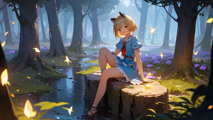 8k, Ultra quality, photorealistic, very beautiful, cute, blonde, smiling, looking at viewer, Alice from Alice in Wonderland knee-length in a short dress sits on a stump with her legs apart in a magical forest at night, fireflies around