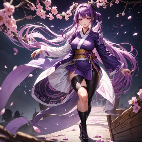 Young woman, 17 years, bright skin, long purple hair, braided into one ponytail, purple eyes, white yukata with open legs and sakura petals, Slender, Beautiful legs, black belt, black gloves, purple sakura flowers, purple long cloak, detailing,  Ideal, red...