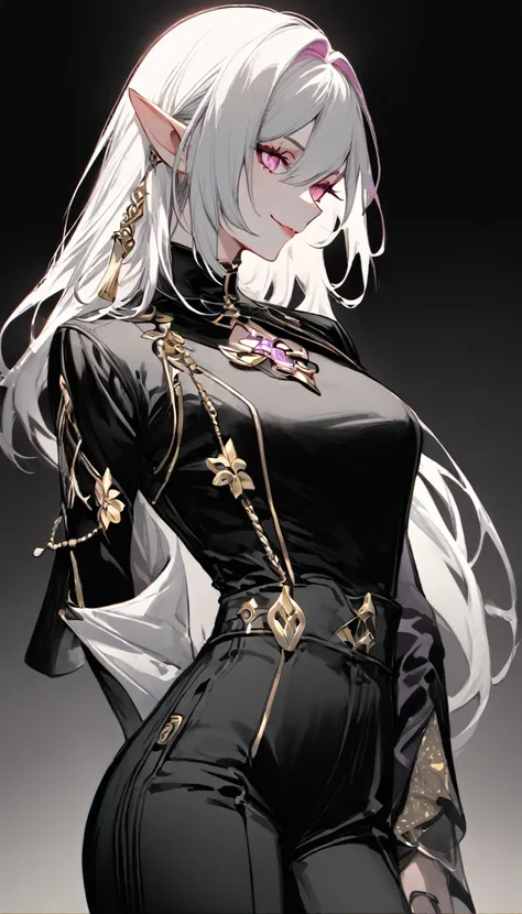 masterpiece, best quality, elysia (herrscher of human:ego) (Honkai impact), pointed ears, elf, pink hair, pink eyes, slit pupils, long hair, (sleek black ensemble:1.6), (golden button details:1.4), (structured jacket:1.5), (high-waisted pants:1.4), (purple...