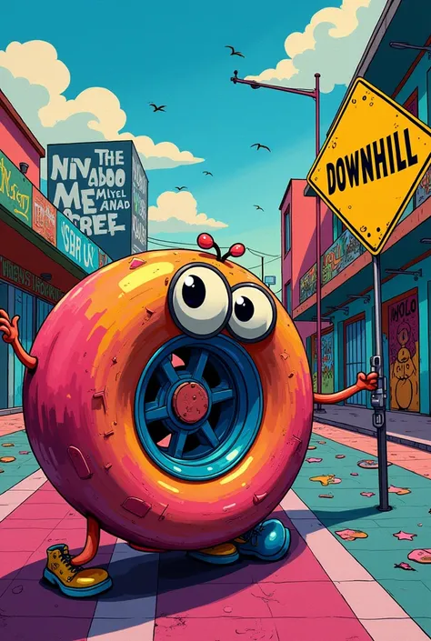 I want a pop art style painting with a personified skate wheel as a character, also with a sign that says down hill, also something related to the city of Medellin, Colombia, all in pop art style. 