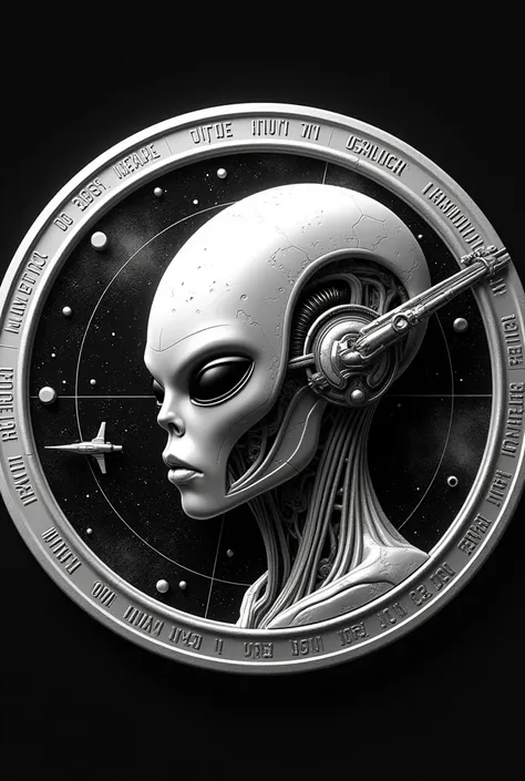 Create a highly detailed, 16k resolution coin design featuring the head of an advanced extraterrestrial being at the center. The alien should have a futuristic appearance, with intricate mechanical and technological elements integrated into its skull and f...