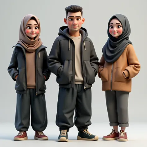 ((3 hijabless man wear jacket), (2 hijabbed woman), (1 hijabless teenage girl)) people, casual fashion, happy expression, just concentrate, white skin people, crowdless, extreme detail, masterpiece, 4k, gaming character, adult 3D character, proportional, c...