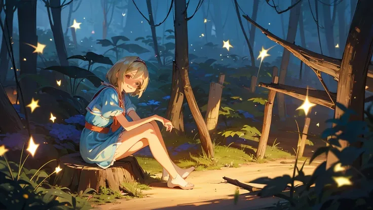 8k, Ultra quality, photorealistic, very beautiful, cute, blonde, smiling, looking at viewer, Alice from Alice in Wonderland knee-length in a short dress sits on a stump with her legs apart in a magical forest at night, fireflies around