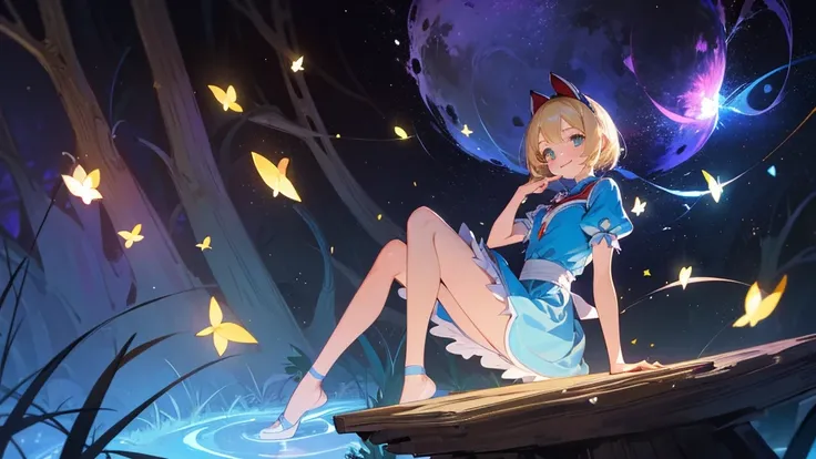 8k, Ultra quality, photorealistic, very beautiful, cute, blonde, smiling, looking at viewer, Alice from Alice in Wonderland knee-length in a short dress sits on a stump with her legs apart in a magical forest at night, fireflies around