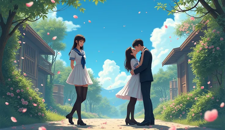 (masterpiece),  town,  blue sky, Woman in Sailor Suit、The woman is wearing a long skirt,  Overgrown,  petal,  plant、Translucent slip、nostalgic、The woman is wearing black pantyhose、man and woman kissing、Man Suits