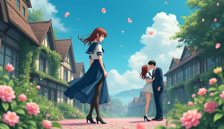 (masterpiece),  town,  blue sky, Woman in Sailor Suit、The woman is wearing a long skirt,  Overgrown,  petal,  plant、Translucent slip、nostalgic、The woman is wearing black pantyhose、man and woman kissing、Man Suits