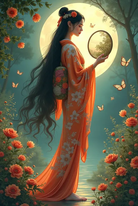 a beautiful young woman with long black hair in a flowing kimono, standing in a serene garden with a full moon, holding a round mirror and surrounded by butterflies and flowers, cinematic lighting, art nouveau, extremely detailed, 8K, masterpiece, in the i...