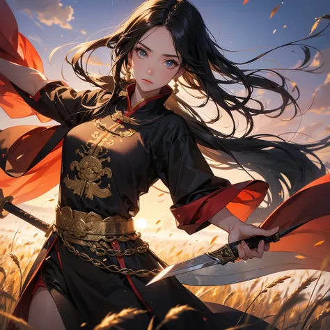 beautiful woman black-haired male general holding a large sword in  ancient Chinese general costume, Standing in the middle of wheat field, sunset, close up.