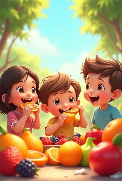 Generates an animated image of children eating fruit in 2d