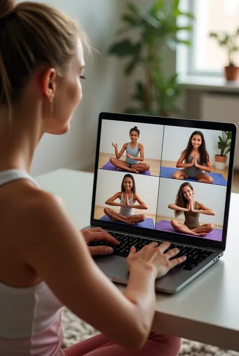 Group online yoga classes ,show teacher teaching adavance asana while sitting in front of laptop using Google meet to there students they all joined through their personal Google meet show multiple kids age are 6 to12 in the laptop 