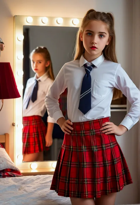 a 13 year old schoolgirl in her bedroom looking at a full length mirror, short red tartan skirt, white sexy shirt, beautiful detailed eyes, beautiful detailed lips, extremely detailed eyes and face, long eyelashes, bedroom interior, window light, photoreal...