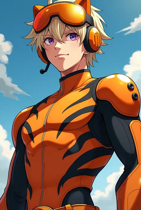 Draw in 2D anime style, A boy, that is husbando, that has ash blonde hair, that has violet eyes, has headphones, dressed in comic book hero clothes with a tiger look, Boku no Hero Academia hero costume, that his orange suit has black stripes,He has three c...