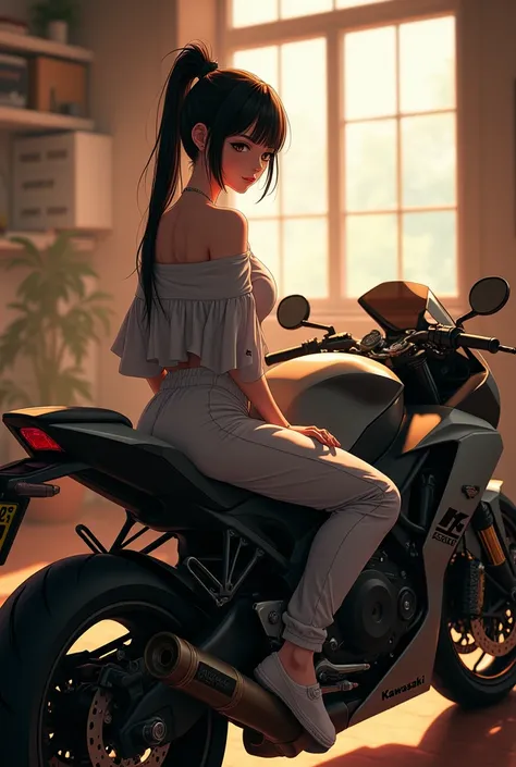 , beautiful kunoichi, sitting on a bigbike(Kawasaki H2R) , wearing loose off-shoulder top, pajama pants, indoors, soft lighting, window with sunlight, cozy room, relaxed pose, cool garage, intricate details, warm colors,