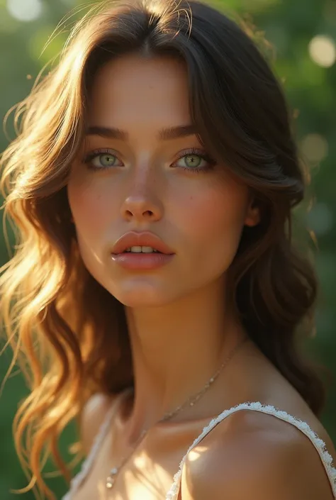 Create a realistic beautiful young woman with brown skin details, dark blonde hair, light eyes and full heart-shaped mouth 