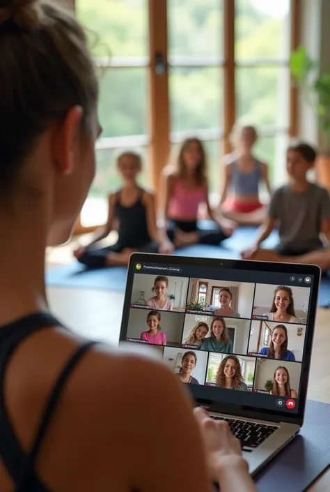 Group online yoga classes ,show teacher teaching adavance asana while sitting in front of laptop using Google meet to there students they all joined through their personal Google meet show multiple kids age are 6 to12 in the laptop 