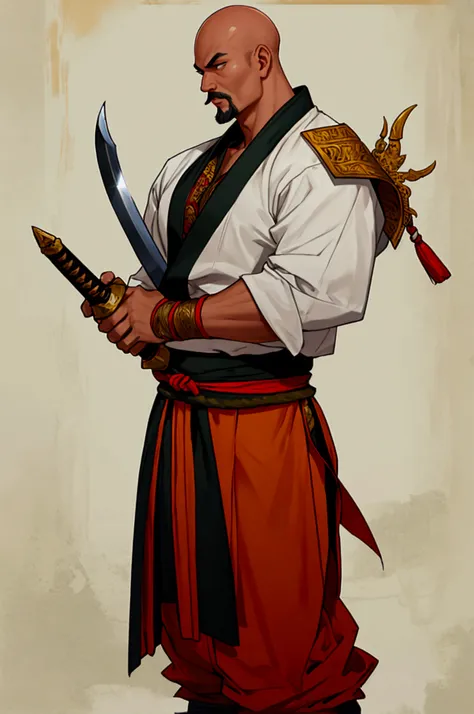 man,Bald head with hair on the sides,Not wearing a shirt,,Put on standing shoes.Thai warrior costume, holding an assassin sword,Ayutthaya ,,chubby,There is a slight mustache.