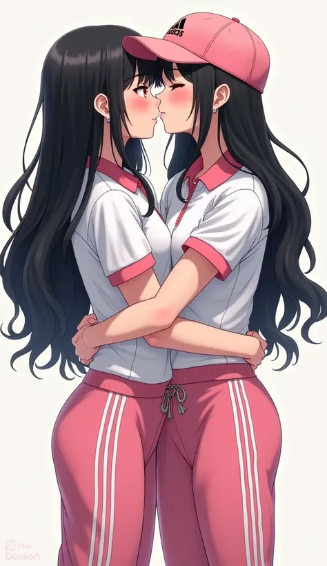 Two girls long black hairs, yuri

The first girl wear a white adidas polo shirt pink shirt collar pink sleeves, pink cap, pink adidas sweatpants with three white stripes, black underpants, medium white socks, white sneakers.

The second girl wore a white a...