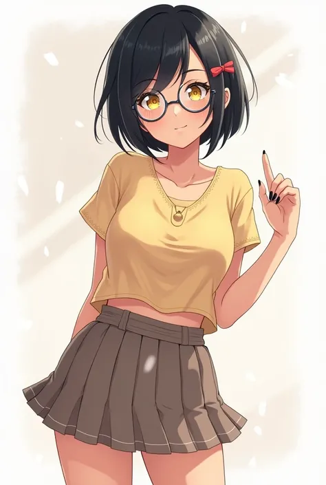 Anime nerdy girl, short black hair, tan skin, yellow eyes, full body, black nails, round glasses, cute skirt, cute shirt, shy