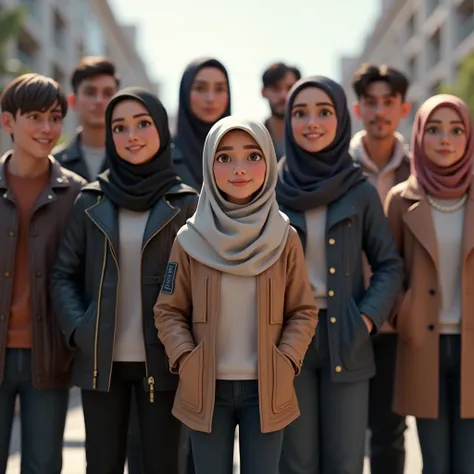 ((3 hijabless man wear jacket), (2 hijabbed woman), (1 hijabless teenage girl)), casual fashion, happy expression, just concentrate, white skin people, crowdless, extreme detail, masterpiece, 4k, gaming character, adult 3D character, proportional, cinemati...