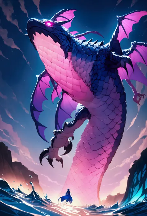 (Fantasy) An electric dragon (blue color schemed scales, glowing eyes) is flying up in the air with a giant pink squid in its claws, water disturbed under the fish, serene ocean cliffs in sight
