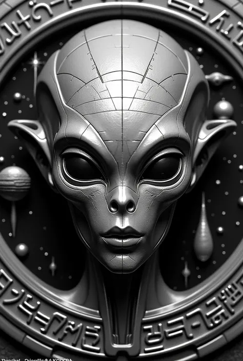 Create a highly detailed, 16k resolution coin design featuring the head of an advanced extraterrestrial being at the center. The alien should have a futuristic appearance, with intricate mechanical and technological elements integrated into its skull and f...