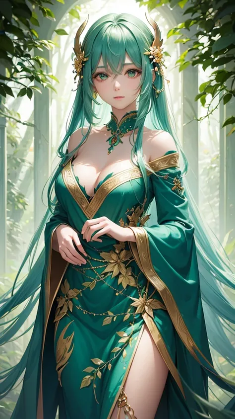 "Create a digital anime-style illustration of a beautiful forest spirit or nature goddess with long, flowing teal hair. She should wear a detailed green dress adorned with leaf and floral patterns, fitting a fantasy theme. The design should have less skin ...