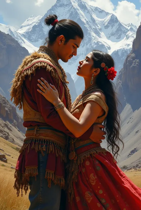 A Peruvian Inca couple in traditional Inca costumes, where they show a forbidden love and the background is the snowy mountains of the Andes. 