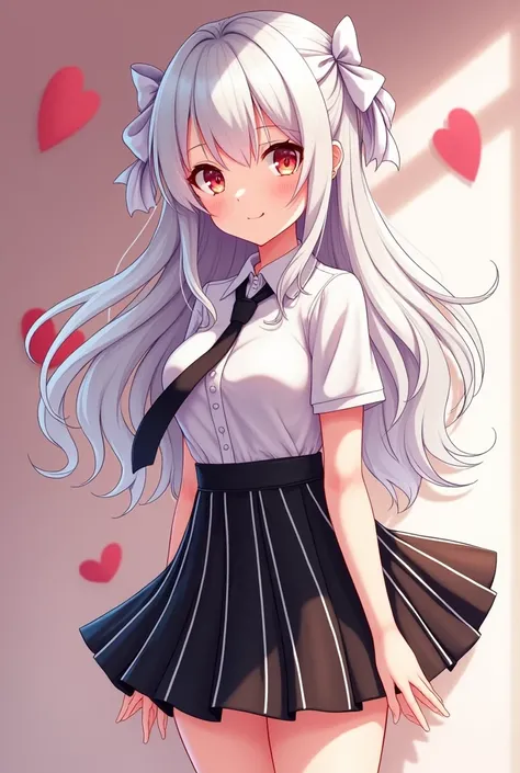 anime girl with long white hair, red eyes, white ribbon on the back of her head, wearing a short collared shirt, tie, black and white striped dress,waistless , catoon , nsfw