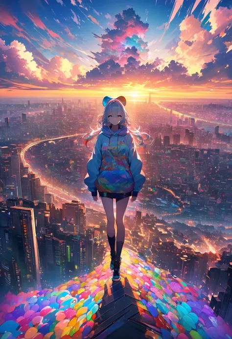 angelic, detailed woman who is walking, woman wearing hoodie, highest billding in city, road, sunrise, horizon, skyline, in the sky, city of clouds, colorful, high-res, 8K