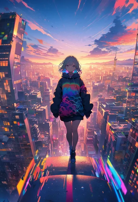 angelic, detailed woman who is walking, woman wearing hoodie, highest billding in city, road, sunrise, horizon, skyline, in the sky, city of clouds, colorful, high-res, 8K