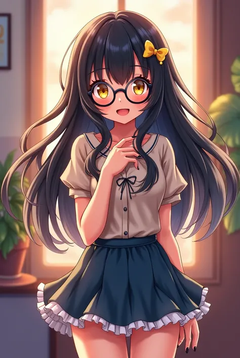 Anime nerdy girl, black hair, hair highlights, tan skin, yellow eyes, full body, black nails, round glasses, frilly skirt, girly shirt, bashful, hair accessory ￼