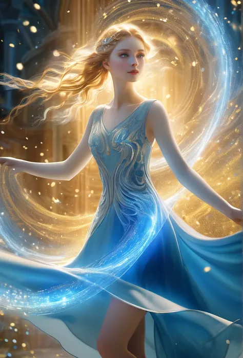 masterpiece, best quality, (Pale skin and blue eyes, A woman with a perfect face, A transparent body made of light), (garb_A vortex of light, flowing short dress, Simple light embroidery), Mysterious white light blended together, Golden particles and golde...