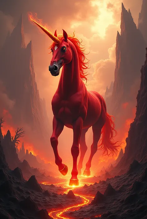 magical landscape with very angry red unicorn with lava 