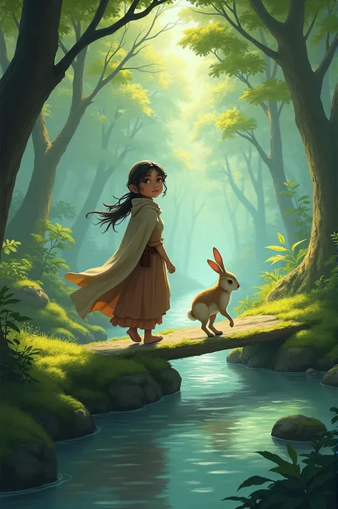 Ali and the rabbit walking through the forest, crossing a river.