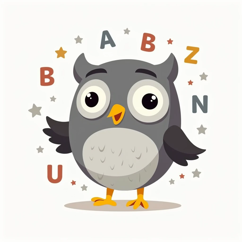 a cartoon gray professor owl in the middle, below is the words ABC play and learn, designed for children