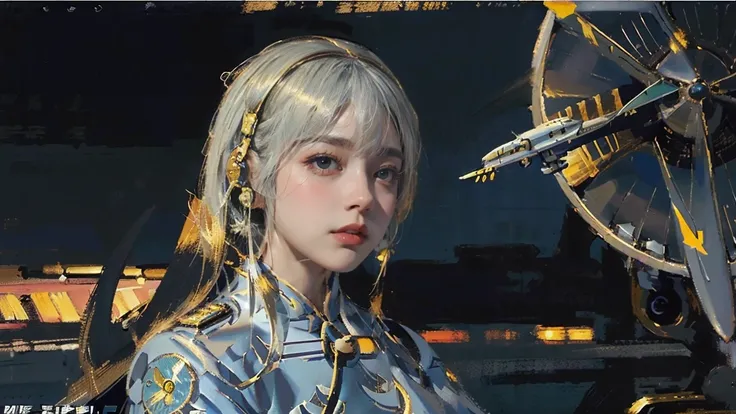 night，Oil painting style，A girl on the back，White hair，(Aviation Museum:1.6),(Upper Body:1.6),(American comic book style:1.2),(fat face:1),(Golden Cheongsam:1.4),(earphone:1.3),(Very serious expression)