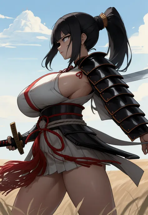 (Black Hair)、(ponytail)、(defeat)、(Japanese women)、((Holding a Japanese sword))、(Female warrior)、(Old Japanese Armor)、(Glaring with sharp eyes)、((Super big breasts)),、(battlefield)、(Outdoor)、(Plains)、(Many people々々々々々々々々々々々々)、(sunny)、(blue sky)、(Best lighti...