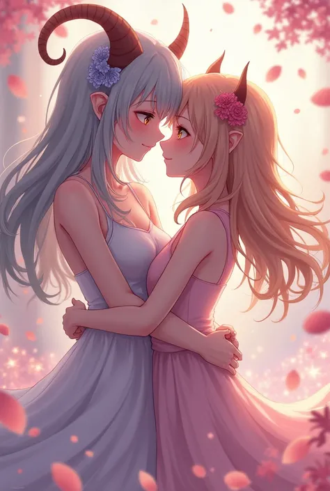 Anime a horned girl kissing a human girl
