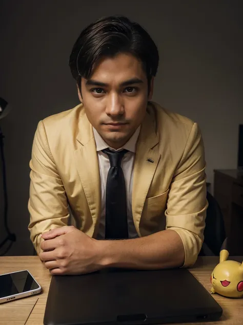 Millionaire in suit sitting on a desk in fron of a laptop, with a pikachu next to him, looking at the camera, raw photo, realistic UHD, 8k, realistic skin shadows, realistic skin texture