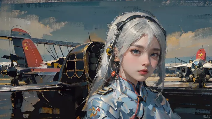 night，Oil painting style，A girl on the back，White hair，(Aviation Museum:1.6),(Upper Body:1.6),(American comic book style:1.2),(fat face:1),(red cheongsam:1.4),(earphone:1.3),(Very serious expression)