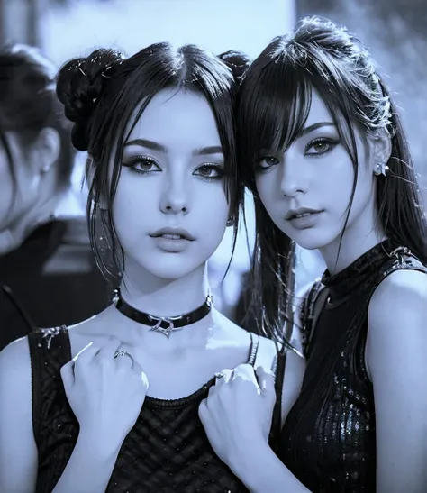 two pretty gothic punk girls at a rock party with night sky, bdsm collar, lean and slender bodies, straight black hair down to t...