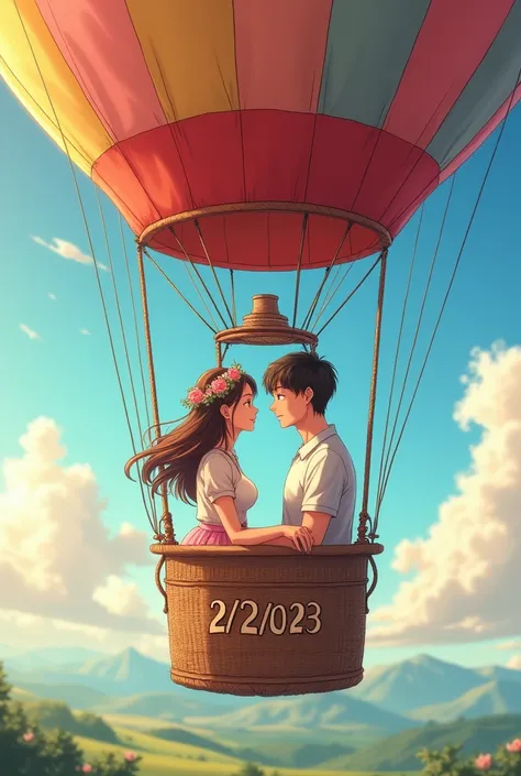 High quality photography, of a couple in love, Both are 1, the man and woman couple, They are in a balloon that has the date 2/12/2023 and the date is perfectly visible Anime drawings 