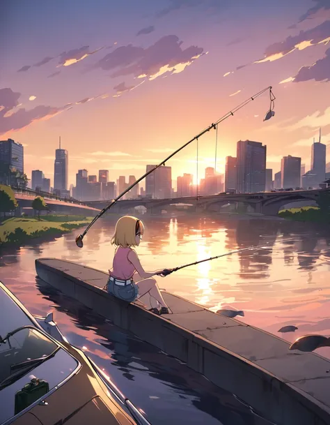 ((fishing)), fishing竿, 1 female, alone, yellow hair, blonde, purple eyes, short hair, hair band, flat chest, collared shirt,slee...