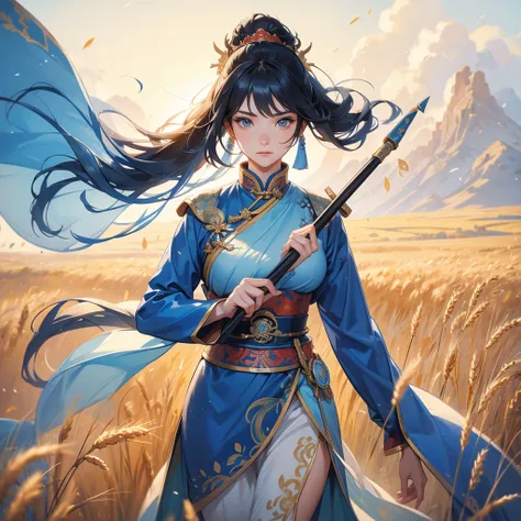 A beautiful female general holding a large spear in blue ancient Chinese general costume, standing in the middle of a wheat field.