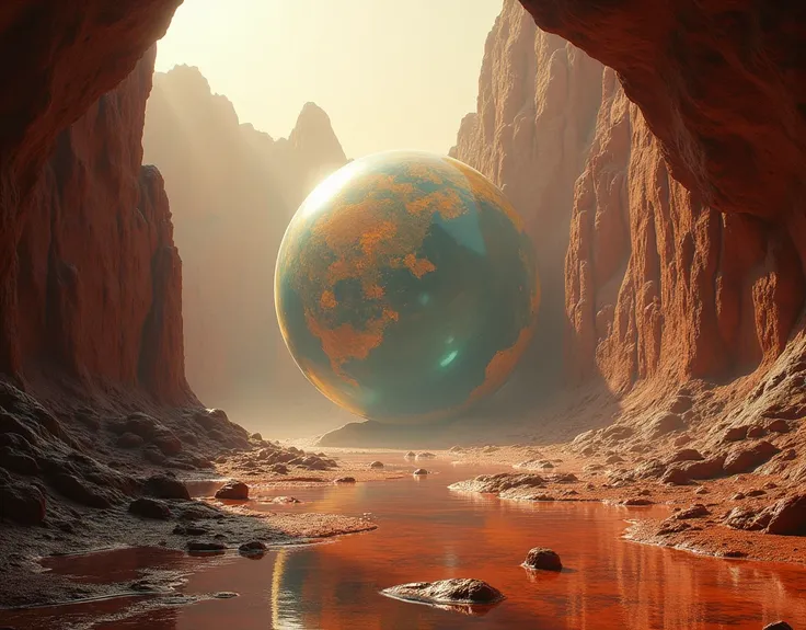 the viewer is in a rift, there is a dome top growing up above the rift, there are veiny dark bubbles growing in a rift between two martian land masses, the bubble is a plant exterior and anchored itself to rift walls, and climbing higher, astronauts are wi...