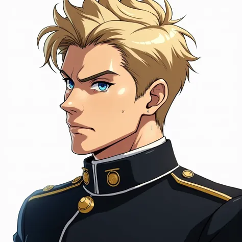 A man in his 30s with blonde hair and blue eyes, wearing mostly black military uniform, with a handsome, anime-style face