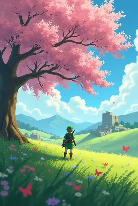 Meadow with a cherry tree based on the video game the legend of zelda breath of the wild